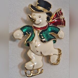 Vintage SFJ Ice Skating Snowman Brooch